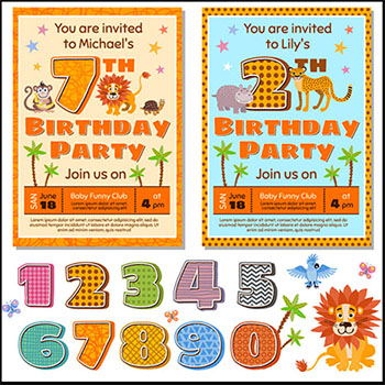 儿童宝宝生日派对数字卡通动物邀请卡第一素材网矢量素材精选
