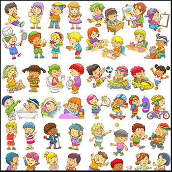 7套儿童活动玩耍运动的矢量人物插图