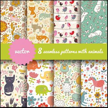 12款卡通小孩猫头鹰大象动物彩虹雨点无缝第一素材网矢量背景精选