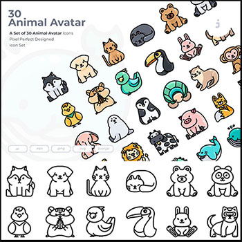 30个可爱卡通动物头像PNG/EPS/SVG/AI第一素材网矢量图标精选