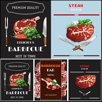 烧烤烤牛排菜单矢量海报和牛排叉