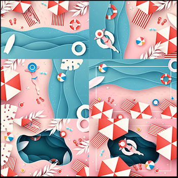 剪纸风格夏季海滩旅游渡假第一素材网矢量背景精选插画