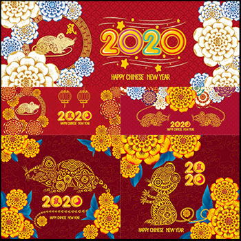 2020鼠年春节可爱卡通老鼠剪纸插画AI矢量横幅海报素材
