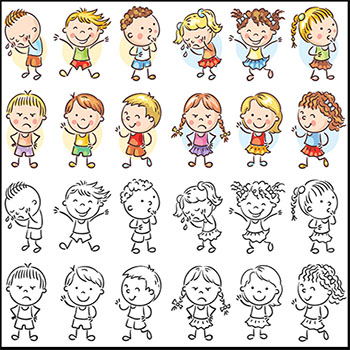 拿着玩具的卡通男孩女孩儿童矢量涂色素材