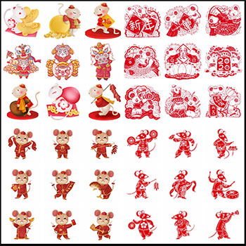 87款可爱手绘卡通春节喜庆老鼠贺岁窗花PSD/PNG免扣大图