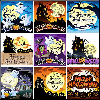 24款万圣节鬼怪南瓜怪僵尸墓地背景第一素材网矢量插图精选