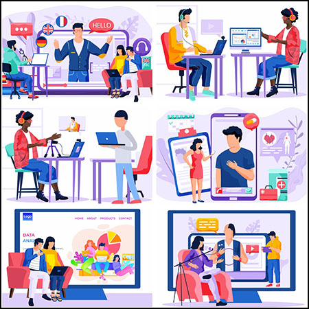 8款网上聊天通讯和电商购物第一素材网矢量插图精选