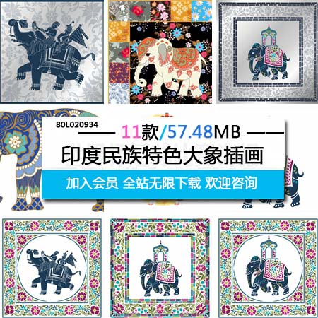 印度民族设计大象装饰矢量图案