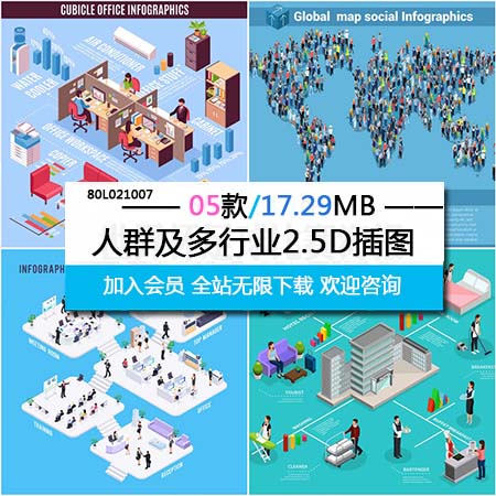 5款2.5D人群办公会议酒店和爱情相关矢量等距插图