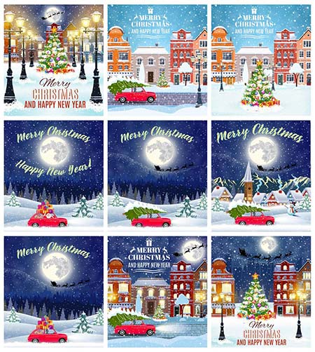 圣诞节平安夜城市雪景，被雪覆盖的卡通建筑第一素材网矢量素材精选