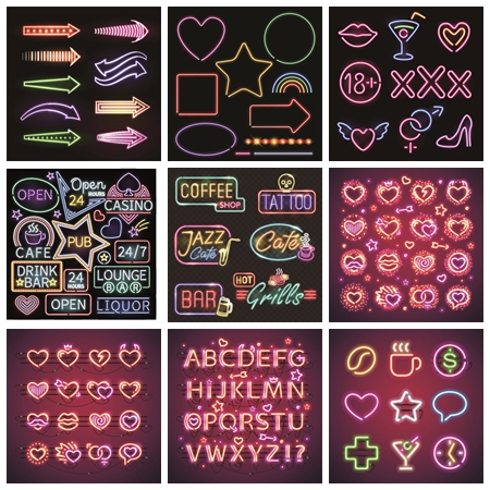霓虹灯效果英文数字字体店招酒吧KTV夜总会EPS矢量设计素材