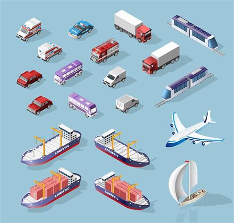 卡通汽车公交车卡车动车轮船交通运输工具AI素材