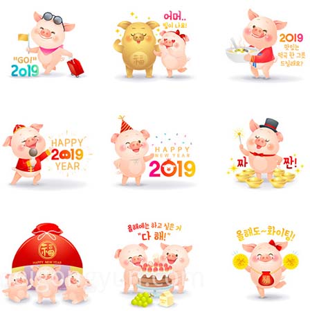 2019新年传统生肖猪年卡通形象矢量插画素材合集包