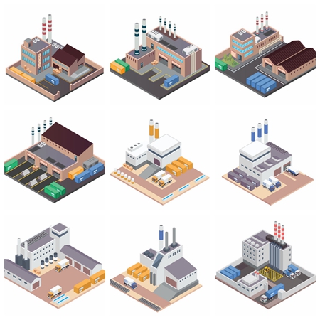 12款工业厂房建筑2.5D等距第一素材网矢量插图精选