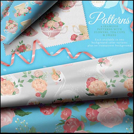 美丽的卡通天鹅和花卉无缝图案EPS和PNG免抠图