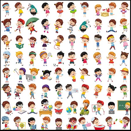 3套可爱玩耍和学习的卡通男孩女孩第一素材网矢量素材精选