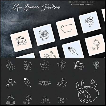 50个手绘可爱的花卉和动物设计图标