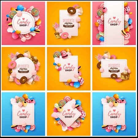8款甜甜圈和棒棒糖店铺海报插图背景