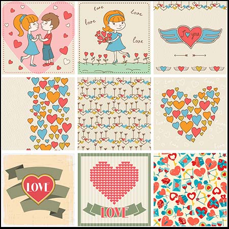 漂亮的卡通爱心情侣爱情第一素材网矢量插图精选背景