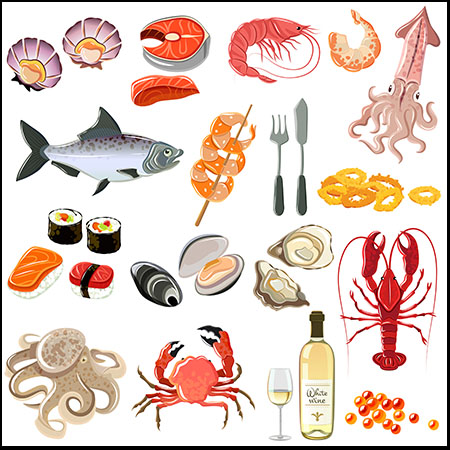 海鲜扇贝海鱼鱿鱼等食物食品素材