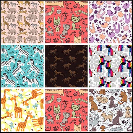 8款可爱森林卡通动物无缝背景