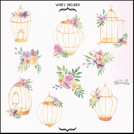 9款手绘水彩鸟笼花卉素材