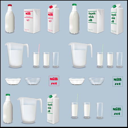 牛奶包装盒和瓶装牛奶矢量模型样机