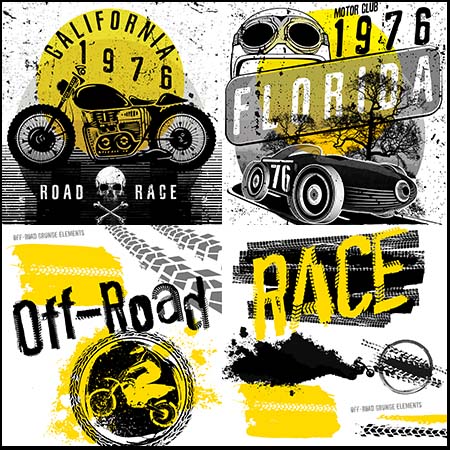 摩托车和汽车轮胎印背景复古海报