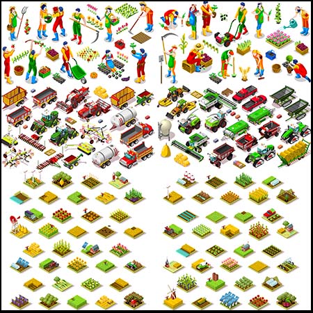 园艺施工工具和园丁工人2.5D等距插图