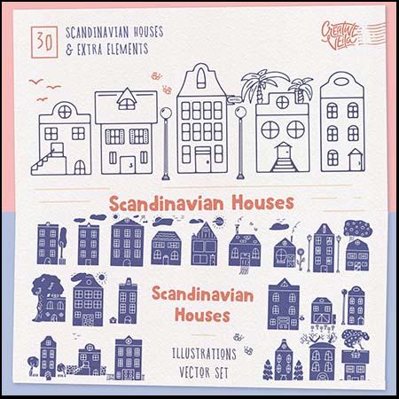 30个手绘房屋建筑轮廓填充第一素材网矢量插图精选