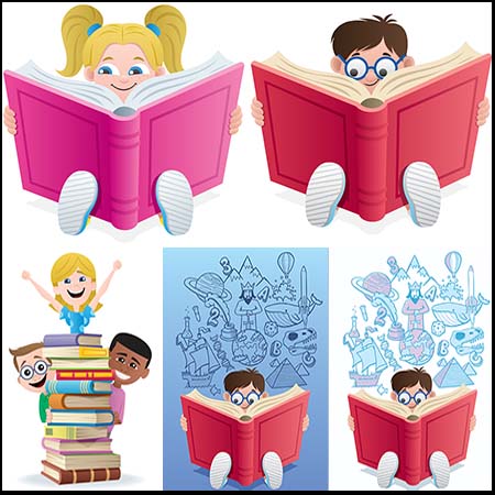 5款男孩女孩读书学习第一素材网矢量插图精选