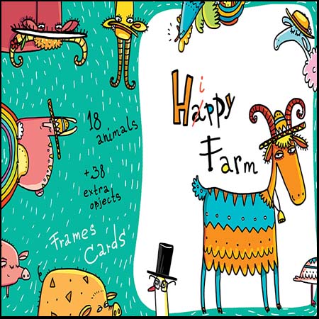 农场上有趣的卡通动物和花卉儿童素材