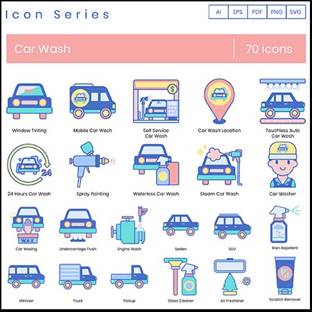 70个洗车图标，汽车清洁第一素材网矢量图标精选