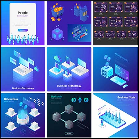 网页引导页分布式区块链和404错误页2.5D等距插图