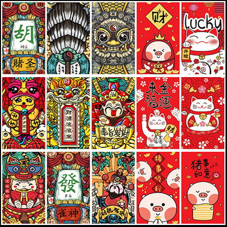 财神爷和招财猫等招财系列国潮风矢量海报