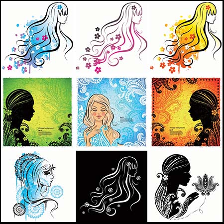 13款长发飘逸的女人剪影第一素材网矢量插图精选