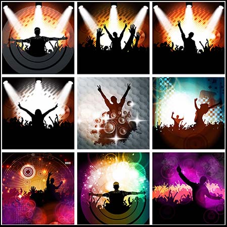 炫彩背景人物派对欢呼跳跃剪影矢量演唱会派对海报素材