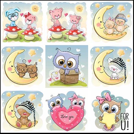 10款可爱的的小狗和猫头鹰晚安卡通第一素材网矢量插图精选