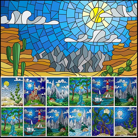 彩色玻璃风格卡通自然景观第一素材网矢量插图精选