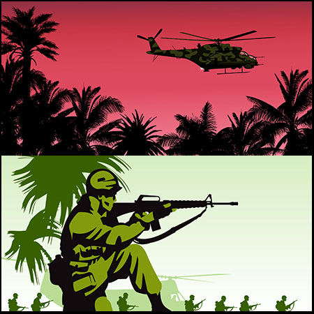 战争中徒步前行的军人飞机和坦克剪影第一素材网矢量插图精选