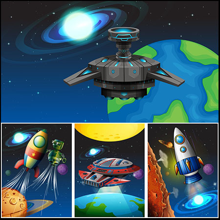 卡通太空科幻宇宙飞船太空飞船矢量插画