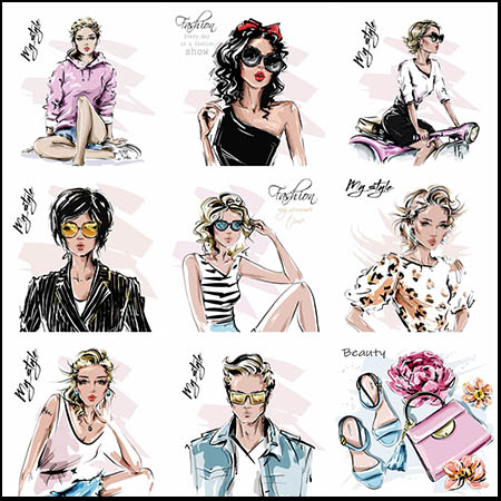 时尚优雅的水彩女孩设计插图