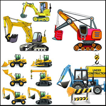 卡通吊车推土机铲车挖土机工程车和剪影第一素材网矢量插图精选