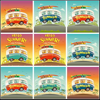 15款夏季旅游渡假卡通旅行汽车第一素材网矢量插图精选