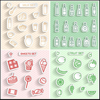 水果糖果和早餐蛋糕牛奶酒瓶矢量带阴影贴纸