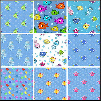 9款可爱卡通海鱼章鱼和海星矢量无缝背景