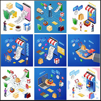 网上购物电商购物物流2.5D等距第一素材网矢量插图精选