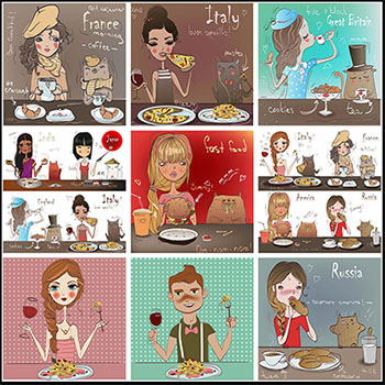 11款在吃快餐美食的卡通女孩矢量插画