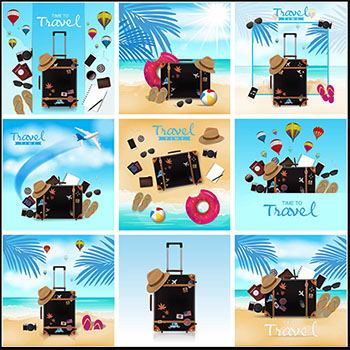 9款夏季海边渡假旅游行李矢量蓝色背景