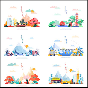 韩国旅游手绘风景地标建筑美食文化插图第一素材网矢量素材精选